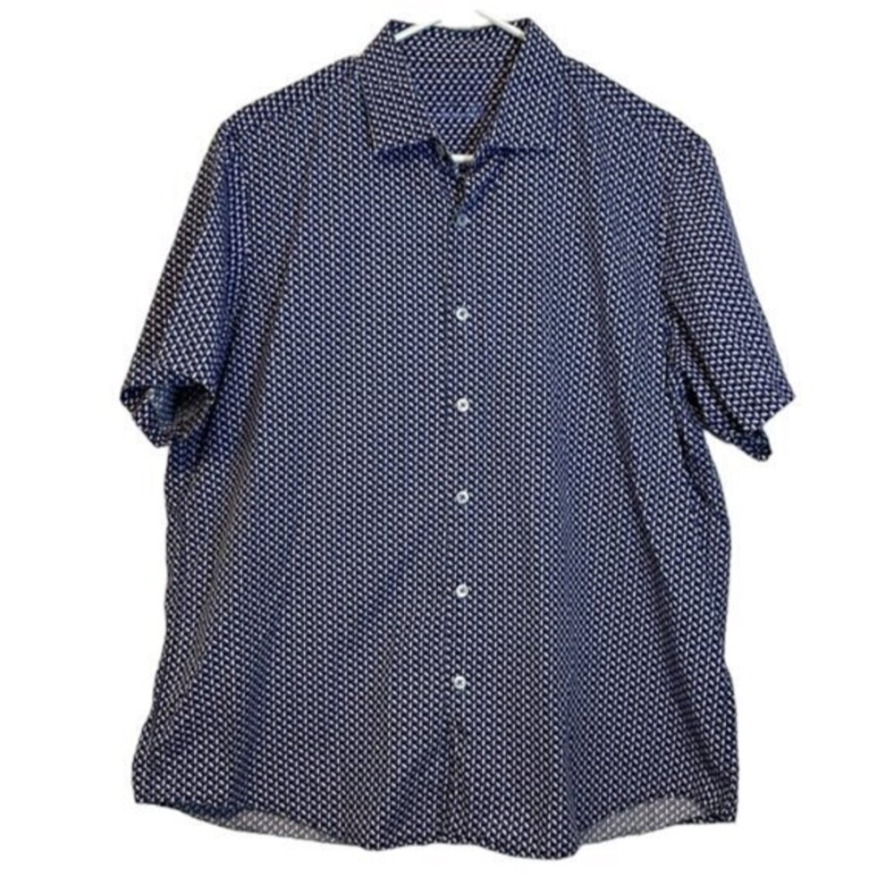 Tasso Elba Blue White Shirt Short Sleeve Casual Button Down Size XL EUC #2088